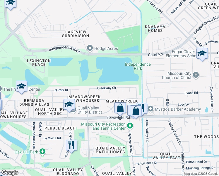 map of restaurants, bars, coffee shops, grocery stores, and more near 2763 Creekway Circle in Missouri City