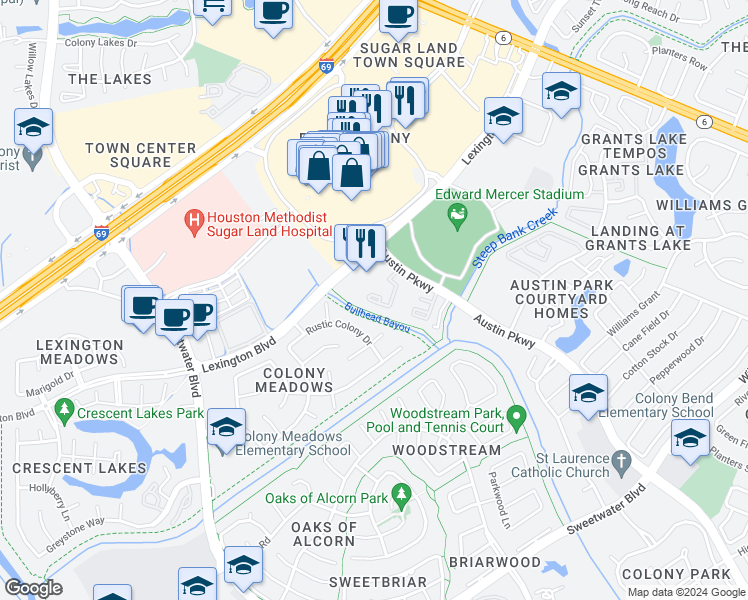 map of restaurants, bars, coffee shops, grocery stores, and more near 16525 Lexington Boulevard in Sugar Land