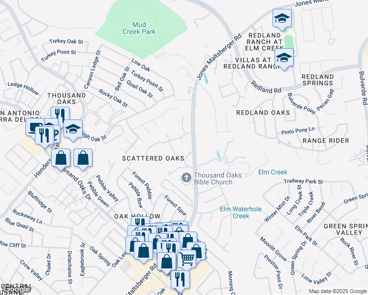 map of restaurants, bars, coffee shops, grocery stores, and more near 15907 Robles Nuevo in San Antonio