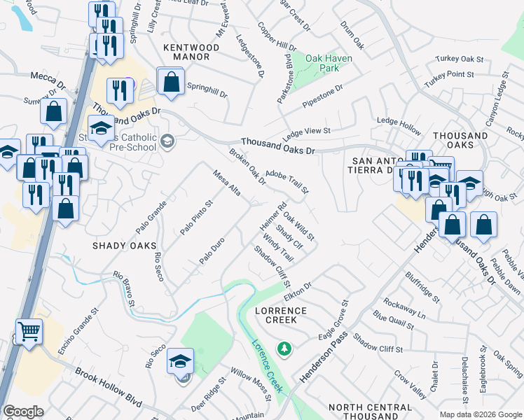 map of restaurants, bars, coffee shops, grocery stores, and more near 2020 Broken Oak Street in San Antonio