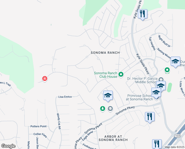 map of restaurants, bars, coffee shops, grocery stores, and more near 323 Tulorosa Ridge in Helotes