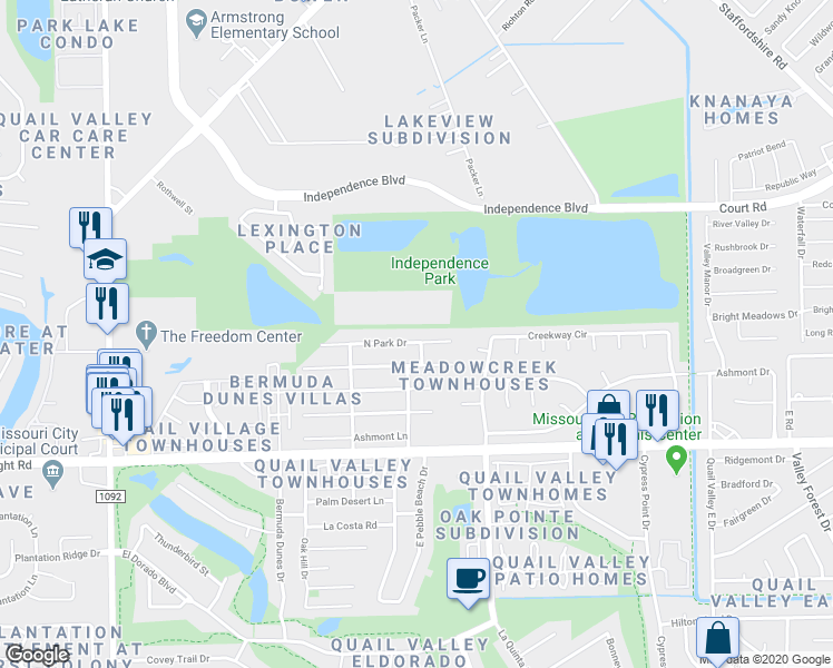 map of restaurants, bars, coffee shops, grocery stores, and more near 3126 North Park Drive in Missouri City