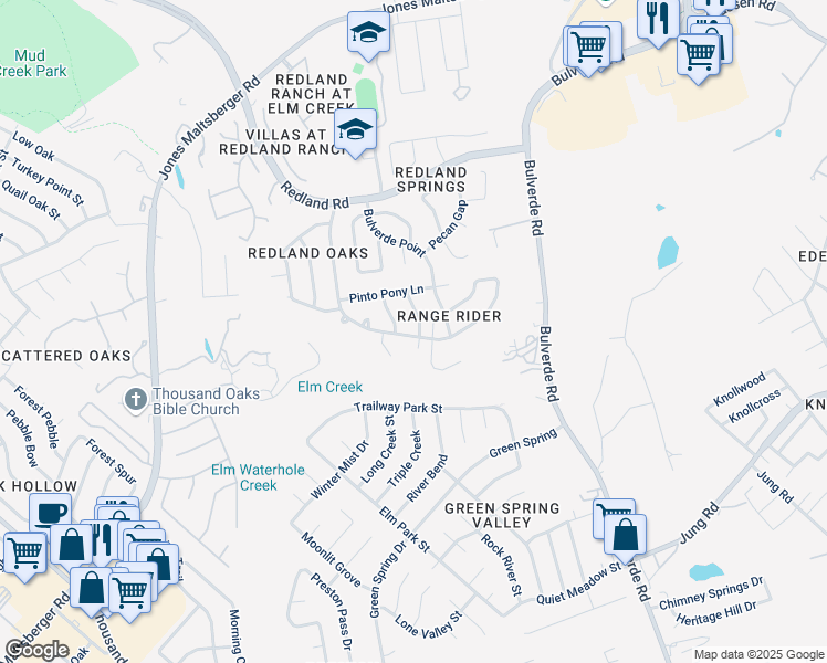 map of restaurants, bars, coffee shops, grocery stores, and more near 16316 Rangerider in San Antonio