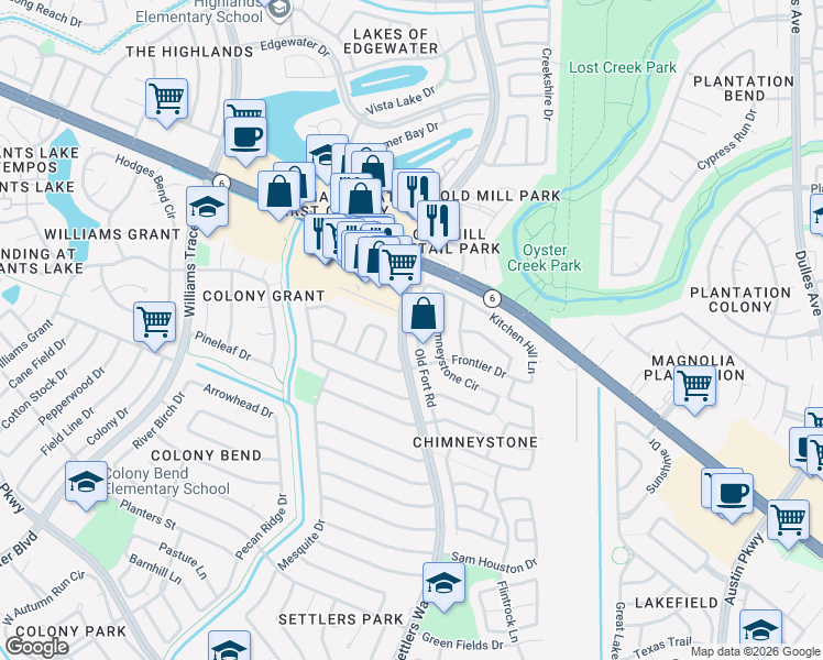 map of restaurants, bars, coffee shops, grocery stores, and more near 2507 Old Fort Road in Sugar Land
