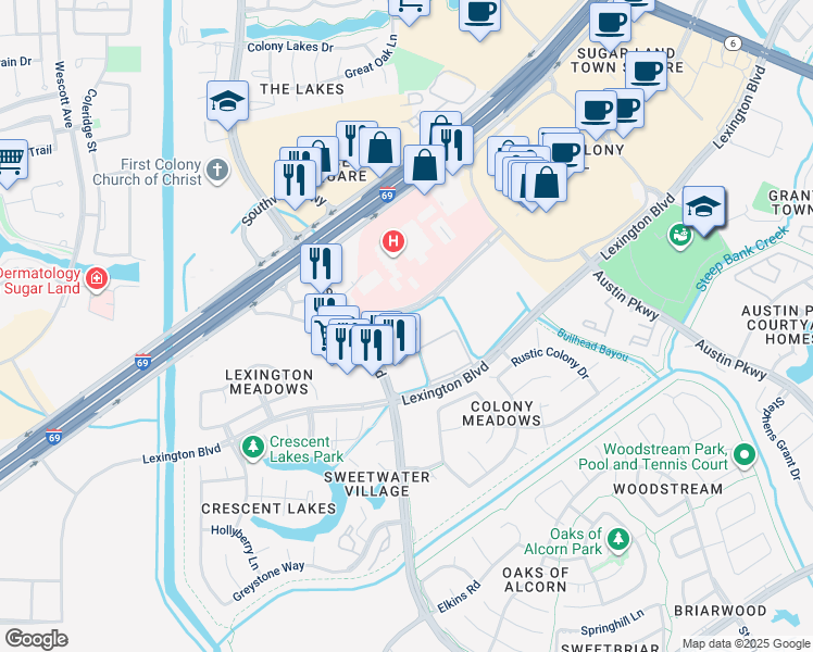 map of restaurants, bars, coffee shops, grocery stores, and more near 16659 Southwest Freeway in Sugar Land