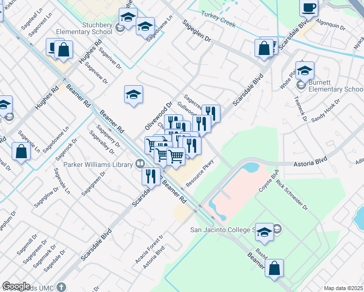 map of restaurants, bars, coffee shops, grocery stores, and more near 10991 Scarsdale Boulevard in Houston