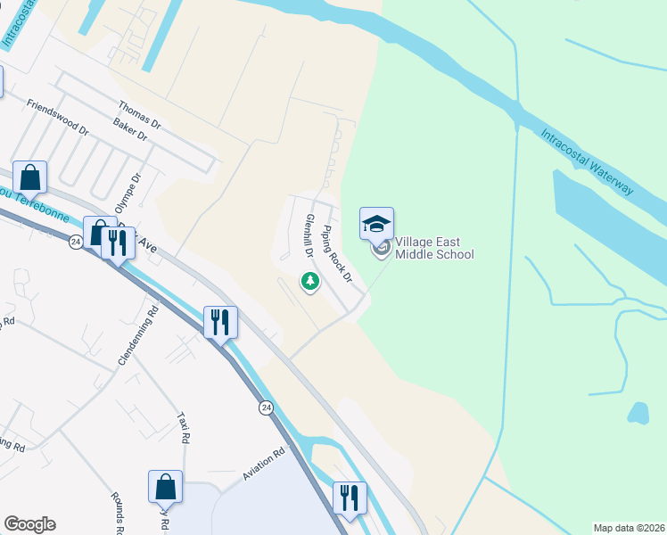 map of restaurants, bars, coffee shops, grocery stores, and more near 118 Piping Rock Drive in Houma