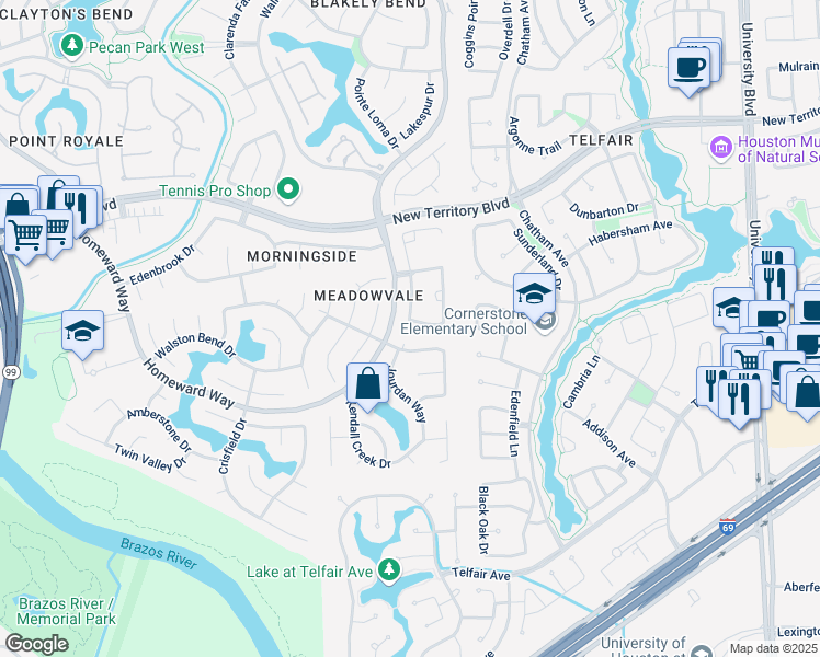 map of restaurants, bars, coffee shops, grocery stores, and more near 31 Ferncastle Lane in Sugar Land