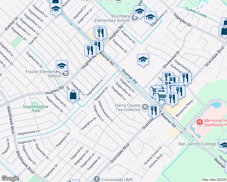 map of restaurants, bars, coffee shops, grocery stores, and more near 11438 Sagepark Lane in Houston