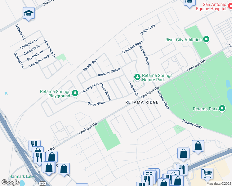 map of restaurants, bars, coffee shops, grocery stores, and more near 16230 Galloping Oak in Schertz