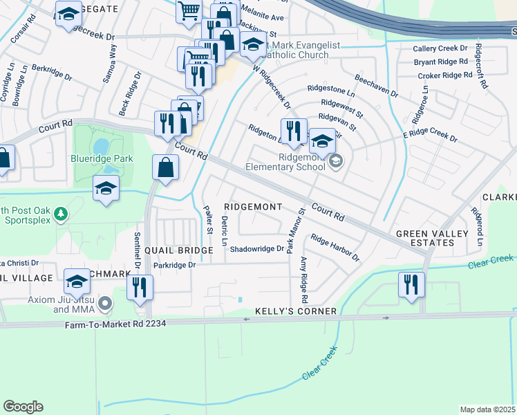 map of restaurants, bars, coffee shops, grocery stores, and more near 5034 Ridgehaven Drive in Houston