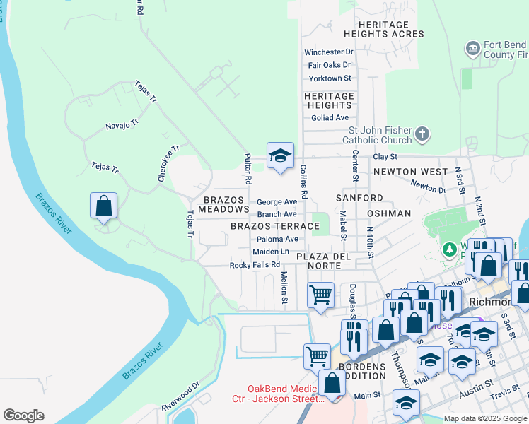 map of restaurants, bars, coffee shops, grocery stores, and more near 1716 Branch Avenue in Richmond