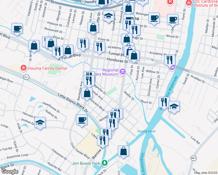 map of restaurants, bars, coffee shops, grocery stores, and more near 1225 Goode Street in Houma