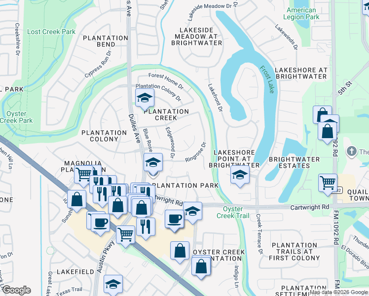 map of restaurants, bars, coffee shops, grocery stores, and more near 2415 Great Oaks Drive in Missouri City