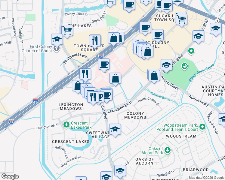 map of restaurants, bars, coffee shops, grocery stores, and more near 3515 Town Center Boulevard in Sugar Land