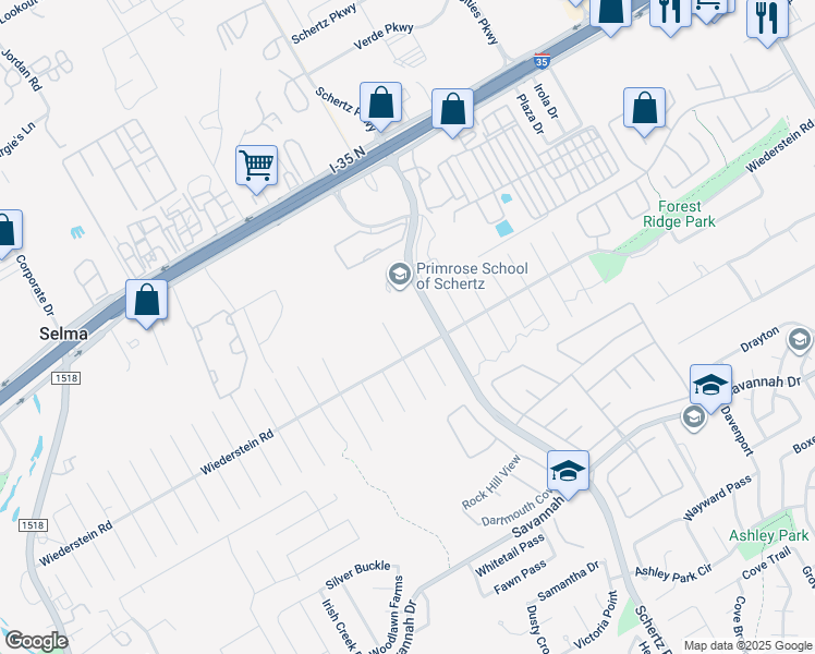 map of restaurants, bars, coffee shops, grocery stores, and more near 1721 Schertz Parkway in Schertz