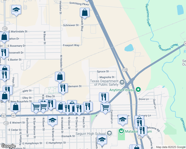 map of restaurants, bars, coffee shops, grocery stores, and more near 1108 Spruce Street in Seguin