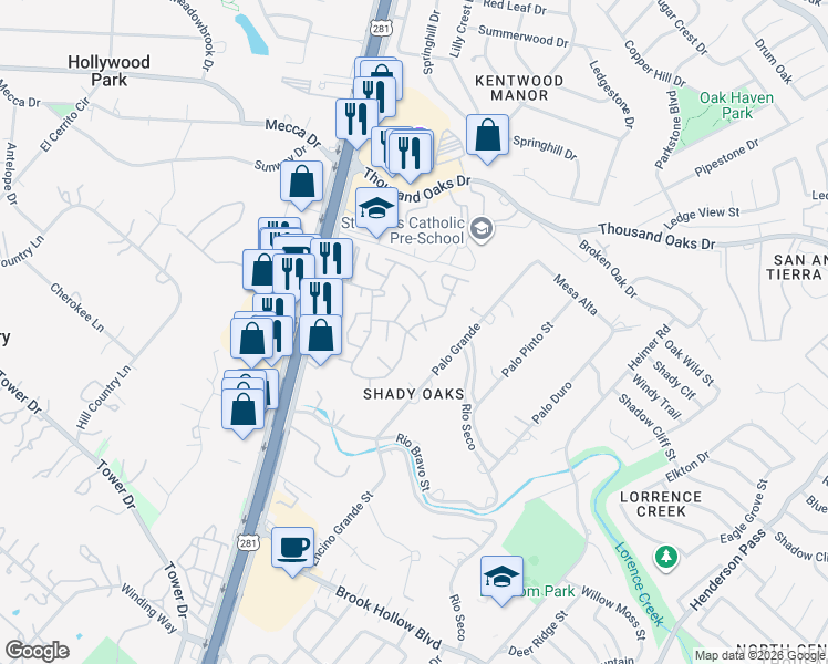 map of restaurants, bars, coffee shops, grocery stores, and more near 290 Pvt Road in San Antonio