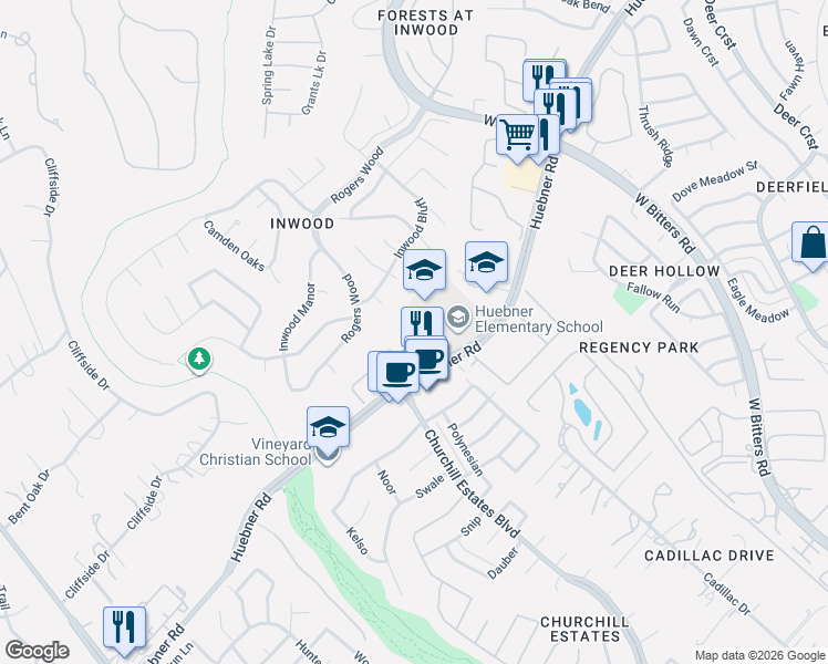map of restaurants, bars, coffee shops, grocery stores, and more near 16311 Huebner Road in San Antonio