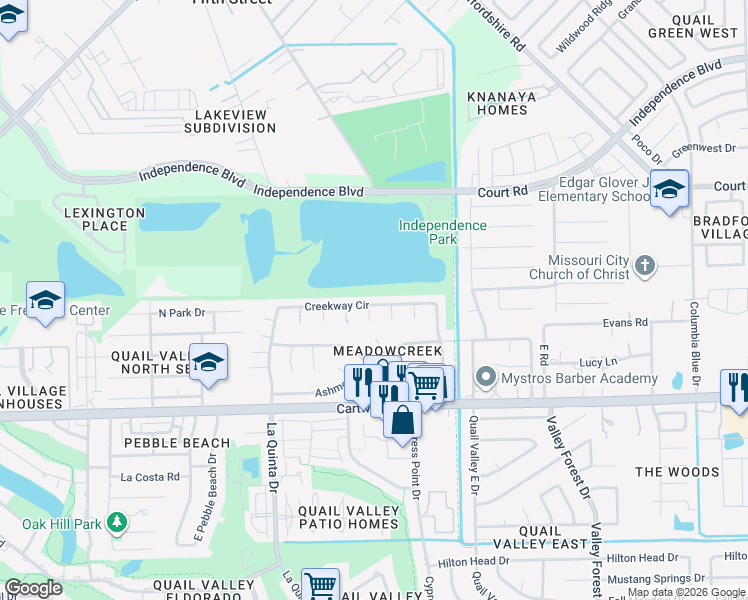 map of restaurants, bars, coffee shops, grocery stores, and more near 2722 Creekway Circle in Missouri City