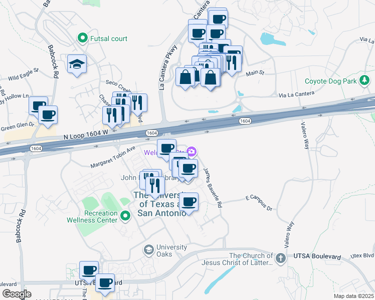 map of restaurants, bars, coffee shops, grocery stores, and more near 1 UTSA Circle in San Antonio