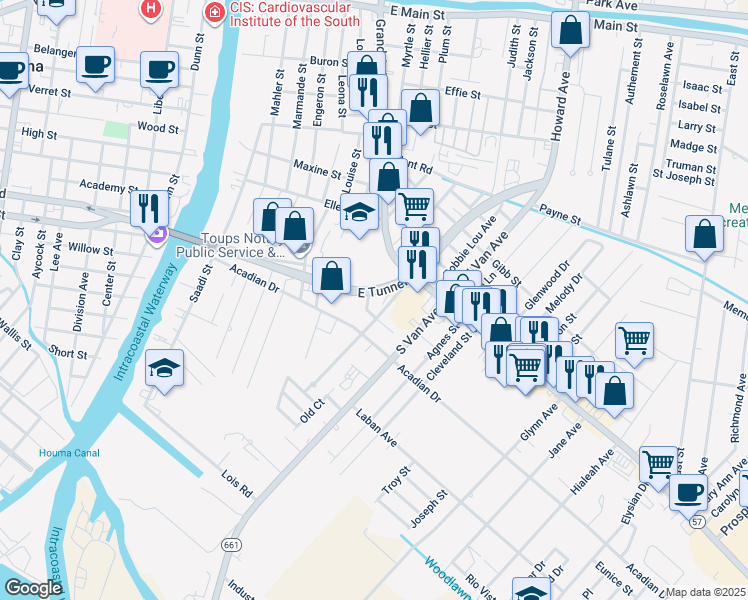 map of restaurants, bars, coffee shops, grocery stores, and more near 1526-1558 East Tunnel Boulevard in Houma