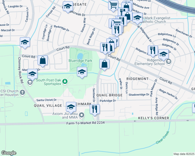 map of restaurants, bars, coffee shops, grocery stores, and more near 16648 South Post Oak Road in Houston