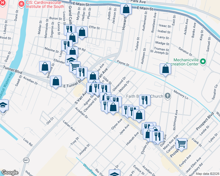 map of restaurants, bars, coffee shops, grocery stores, and more near 1301-1399 Gibb St in Houma