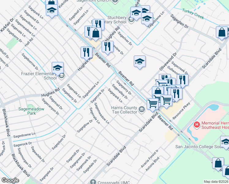 map of restaurants, bars, coffee shops, grocery stores, and more near 11438 Sagepark Lane in Houston