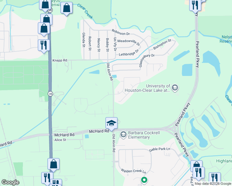 map of restaurants, bars, coffee shops, grocery stores, and more near 3527 Watzek Way in Pearland