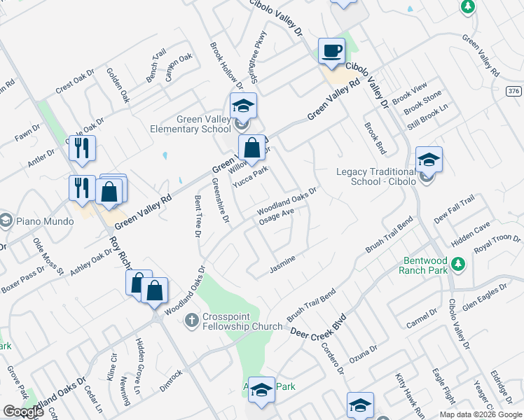 map of restaurants, bars, coffee shops, grocery stores, and more near 1648 Dogwood Lane in Schertz