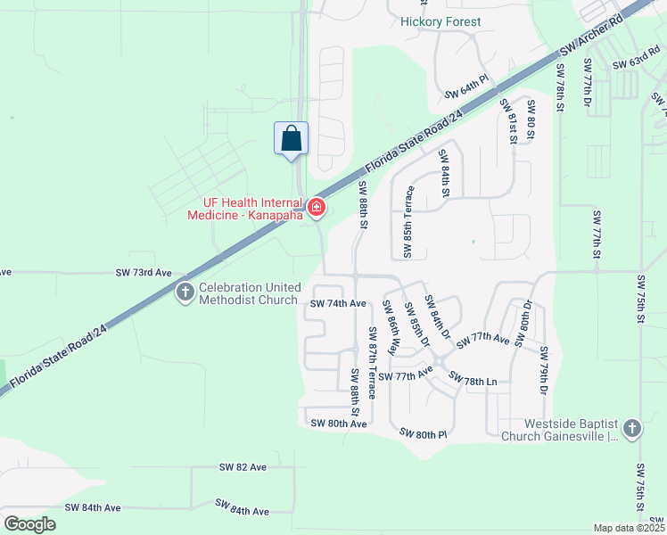 map of restaurants, bars, coffee shops, grocery stores, and more near 8915 Southwest Archer Road in Gainesville