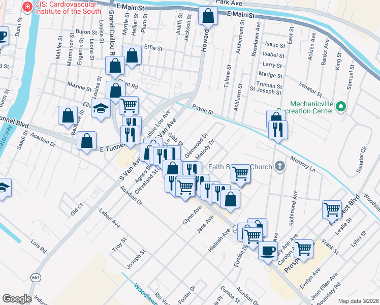 map of restaurants, bars, coffee shops, grocery stores, and more near 1399 Gibb St in Houma