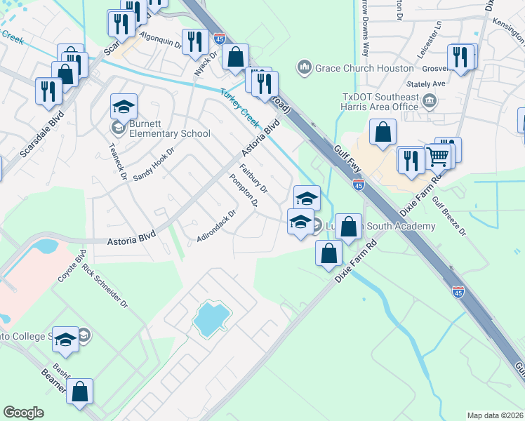 map of restaurants, bars, coffee shops, grocery stores, and more near 12222 Pompton Drive in Houston