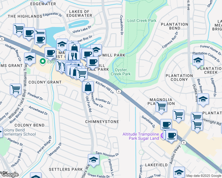 map of restaurants, bars, coffee shops, grocery stores, and more near 4007 Kitchen Hill Lane in Sugar Land