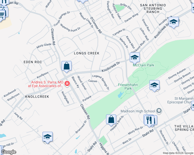 map of restaurants, bars, coffee shops, grocery stores, and more near 15619 Legend Springs Drive in San Antonio