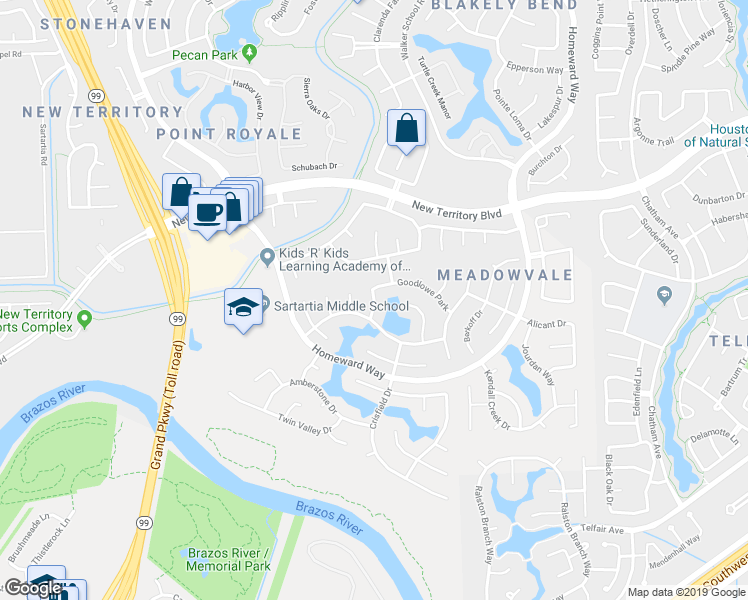 map of restaurants, bars, coffee shops, grocery stores, and more near 7118 Silverthorne Drive in Sugar Land
