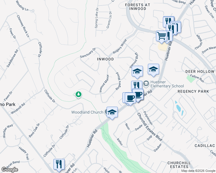 map of restaurants, bars, coffee shops, grocery stores, and more near 13 Ancient Bend in San Antonio