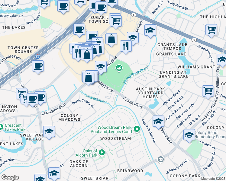 map of restaurants, bars, coffee shops, grocery stores, and more near 1080 Austin Parkway in Sugar Land
