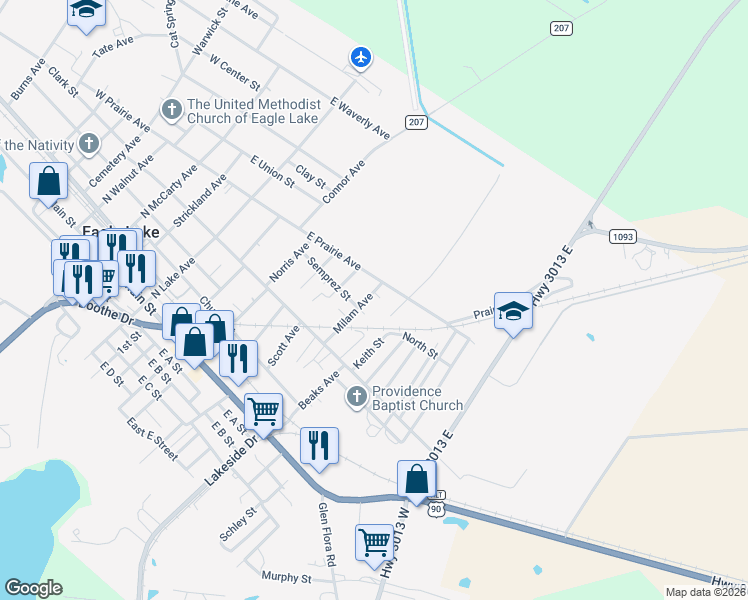 map of restaurants, bars, coffee shops, grocery stores, and more near 901 East Prairie Avenue in Eagle Lake