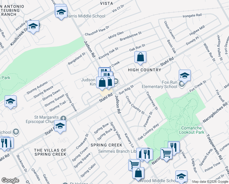 map of restaurants, bars, coffee shops, grocery stores, and more near Judson Rd & Stahl Rd in San Antonio