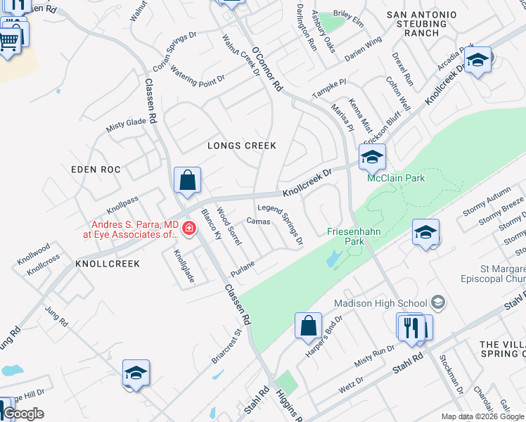 map of restaurants, bars, coffee shops, grocery stores, and more near 15702 Walnut Creek Drive in San Antonio