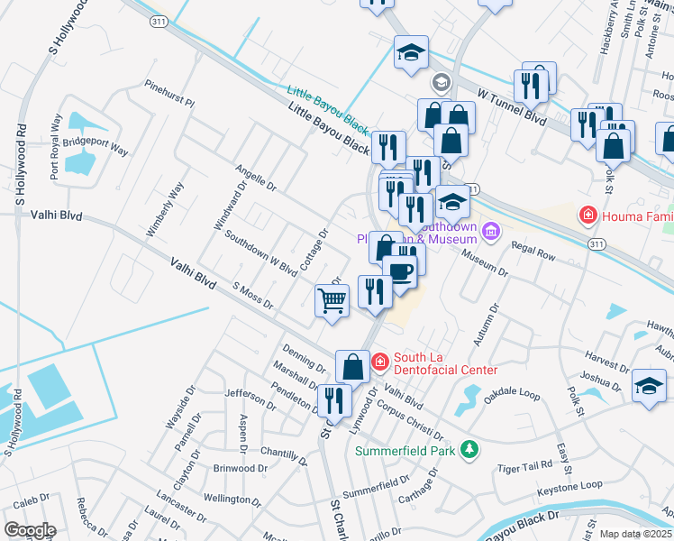 map of restaurants, bars, coffee shops, grocery stores, and more near 1300 Levee Drive in Houma