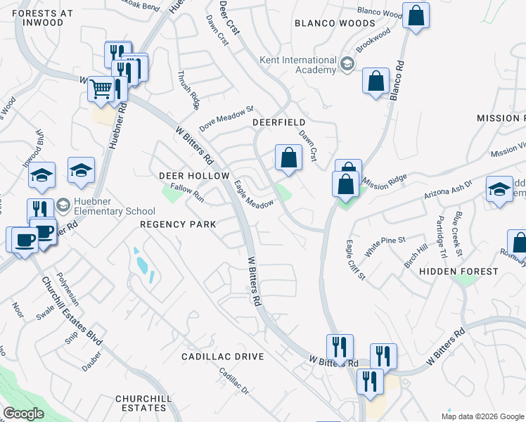 map of restaurants, bars, coffee shops, grocery stores, and more near 1726 Eagle Meadow in San Antonio