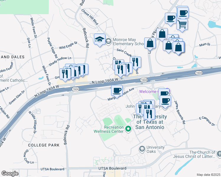 map of restaurants, bars, coffee shops, grocery stores, and more near Texas 1604 Access Road in San Antonio