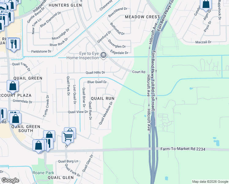 map of restaurants, bars, coffee shops, grocery stores, and more near 16419 Quail Meadow Court in Missouri City