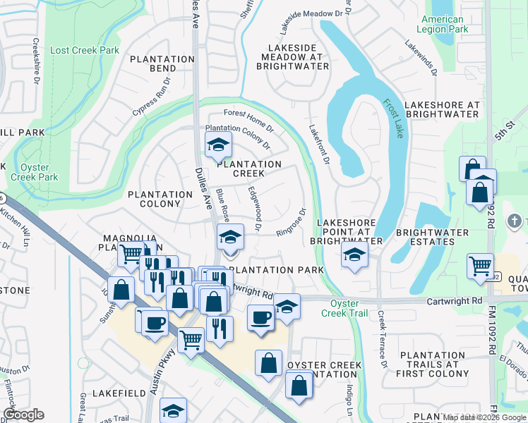 map of restaurants, bars, coffee shops, grocery stores, and more near 2430 Edgewood Drive in Missouri City