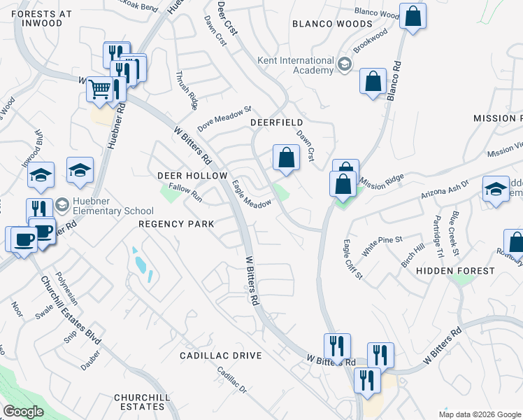 map of restaurants, bars, coffee shops, grocery stores, and more near 1726 Eagle Meadow in San Antonio