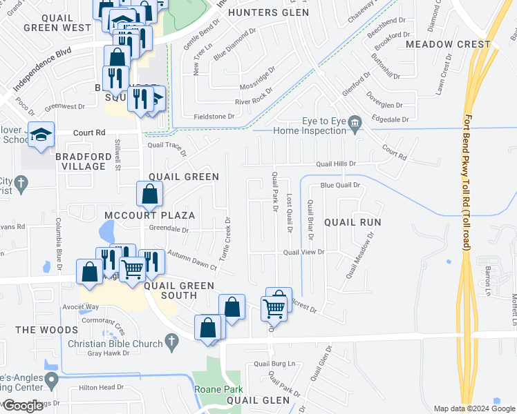 map of restaurants, bars, coffee shops, grocery stores, and more near 16506 Quail Dale Drive in Missouri City