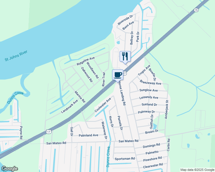 map of restaurants, bars, coffee shops, grocery stores, and more near U.S. 17 in San Mateo